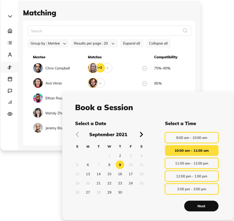 Mentorly mentor matching software screenshot showing AI-powered mentee-mentor pairing options